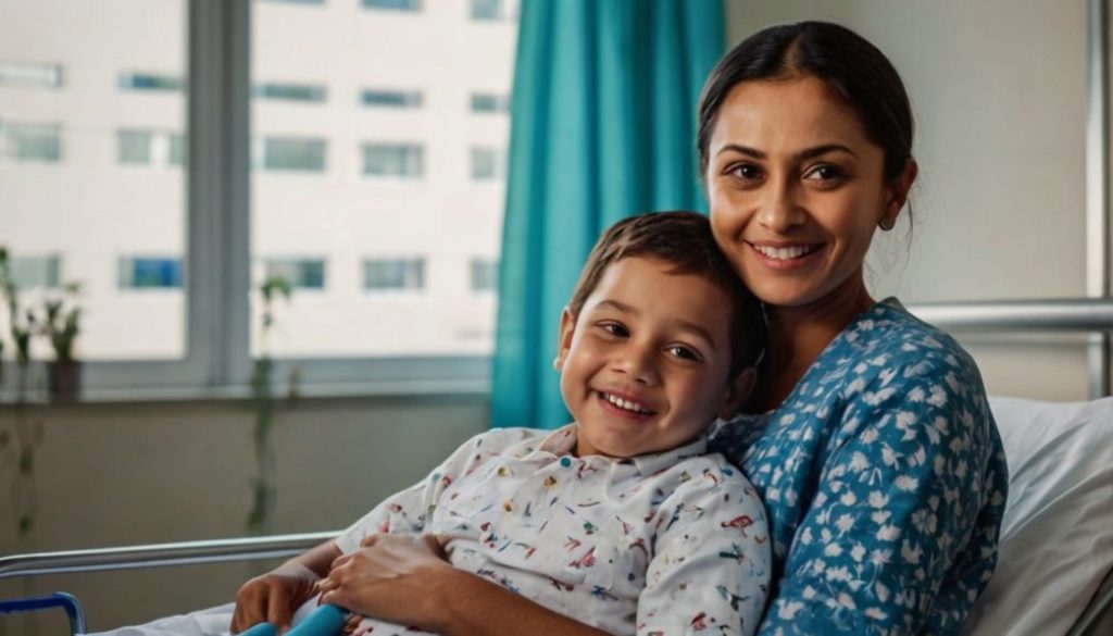 A child with his mum in the hospital but happy.