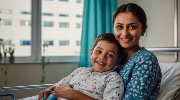 A child with his mum in the hospital but happy.